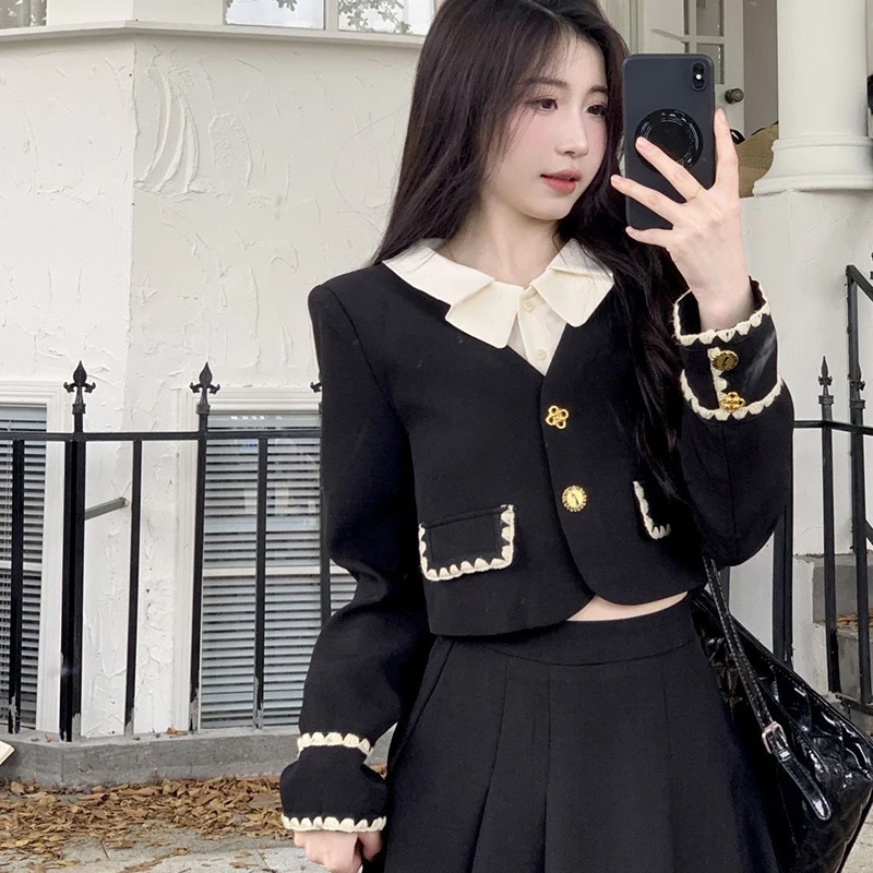 French Two-Piece Set Women Black Single Breasted Cropped Long Sleeve Coat Elegant Sweet Pretty Style Skirt Set Fashion Suits