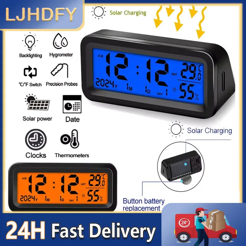 Digital Car Clock Solar/USB Powered with Date Week Temperature Humidity LCD Backlit Display Dashboard Automobile Stick-On Clock