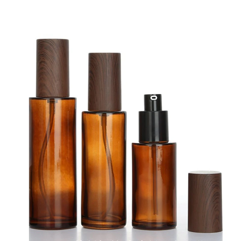 3PCS 20/30/50ml Amber Glass Lotion Pump Press Bottles Refillable Soap Dispenser Containers with Wood Color Cap for Cosmetics