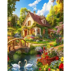 RUOPOTY 5D DIY Diamond Painting Landscape Rural Cottage River Full Round/Square Friend Gift Modern Home Handmade DIY Craft