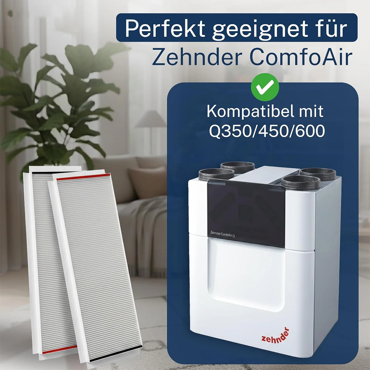 Filter for Zehnder ComfoAir Q350/450/600 | 4x Pollen Filter G4+F7 1 primary filter element + 1 medium efficiency filter element