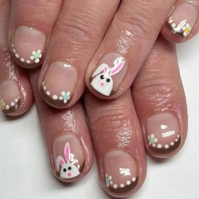 L8RD 24 Pieces Short Square Press On with Rabbit Designs on Acrylic Manicure for Easter Celebrations