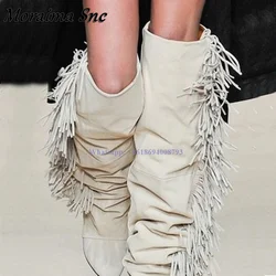 New White Boots Fringe Decor Slip On Wedges High Heel Boots Knee High Women Boots White Fashion Solid Beige Shoes Zapatos Mujer