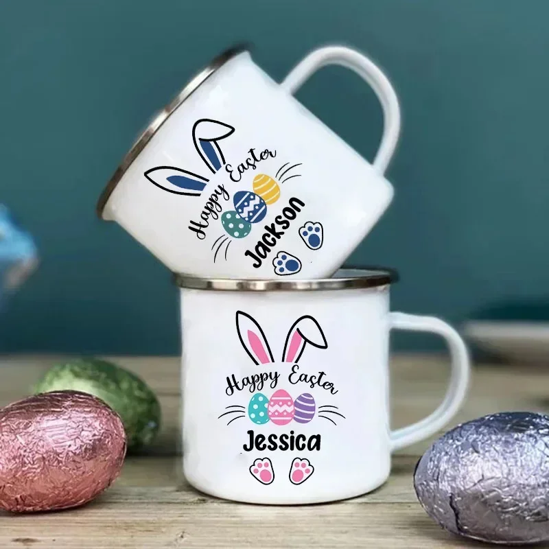 Custom Name Kids Cocoa Chocolate Sibling Mug Personlized Bunny Easter Enamel Cups  Drink Jiuce Handle Mugs Easter Gift for Child