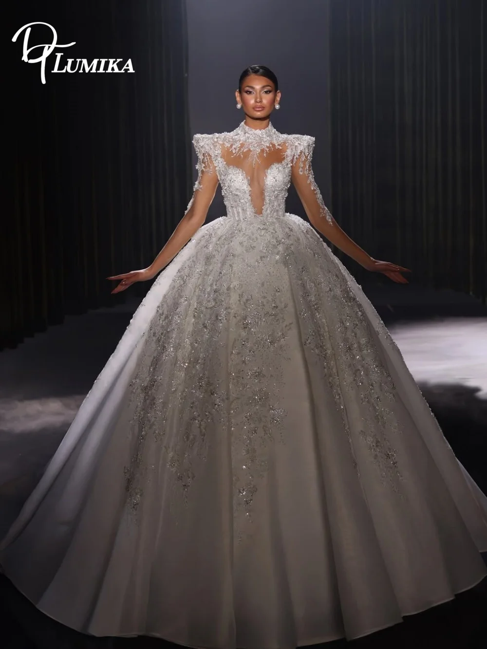 Glamorous High Neck Ball Gown Wedding Dress Long Sleeves Beaded Deep V Bodice Satin Bridal Gown Customized Vestidos De Novia