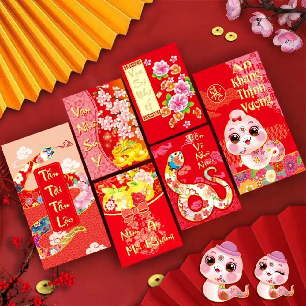 6PCS Vietnam 2025 New Year Red Envelope Blessing Best Wishes Snake Pattern Money Envelope Money Bags HongBao Lucky Money Pockets