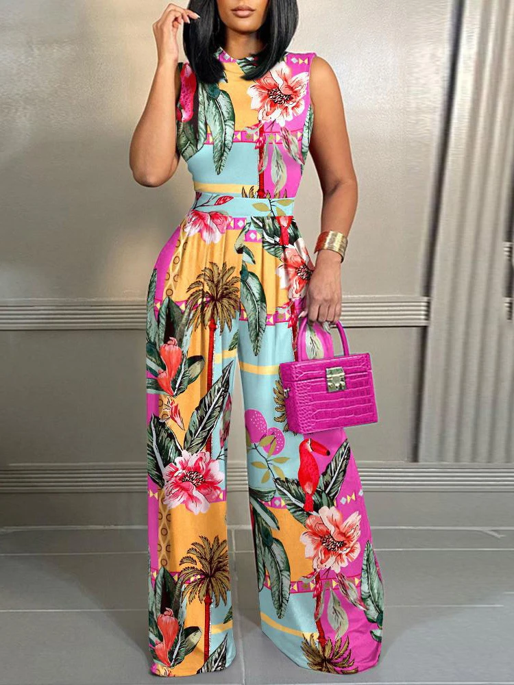 Fashion Office Lady Slim Wide Leg Pants Jumpsuit Women Summer Sleeveless Print Elegant Holiday Bodysuits 5XL Jumpsuits Female