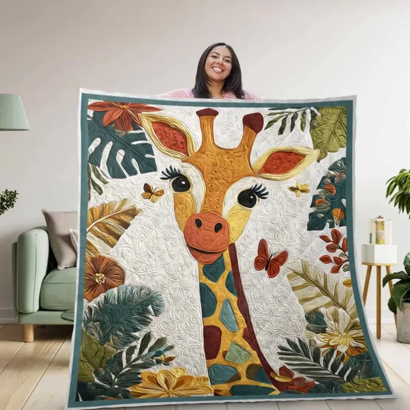 Cute Giraffe Quilt Blanket Jungle Animal Themed Bedding, Cute Safari Style Throw Blanket Cozy Gift for Animal Lovers