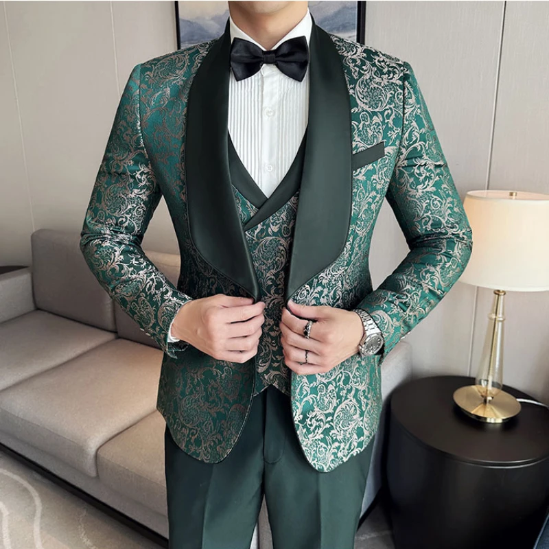 (Jacket+Vest+Pants) Brand Boutique Fashion Solid Color Men Formal Office Business Suit Groom Wedding Dress Male Slim Blazer Sets