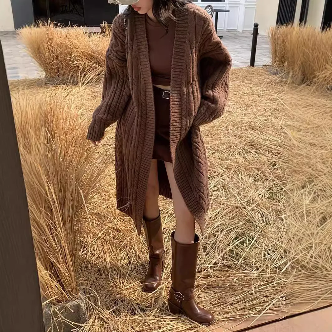 

Women Knitted Cardigan Sweaters Long Solid Jumpers Cable Knit V Neck Long Sleeve Open Stitch Loose Casual 2025 Autumn Winter