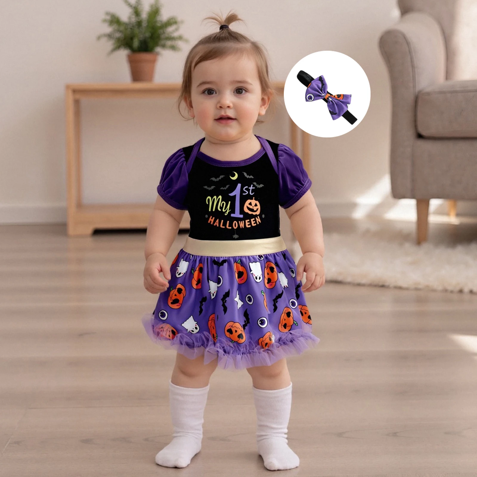 Newborn Girl Halloween Outfit Short Sleeve Letters Pumpkin Ghost Print Romper Dress with Headband Halloween Holidays Clothes