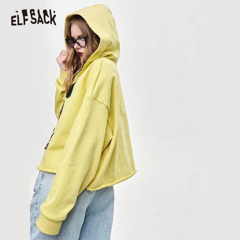 ELFSACK v-neck pullovers hooded color contrast long sleeve sweet top for women 2024 new large bow ripped designation fashion cot