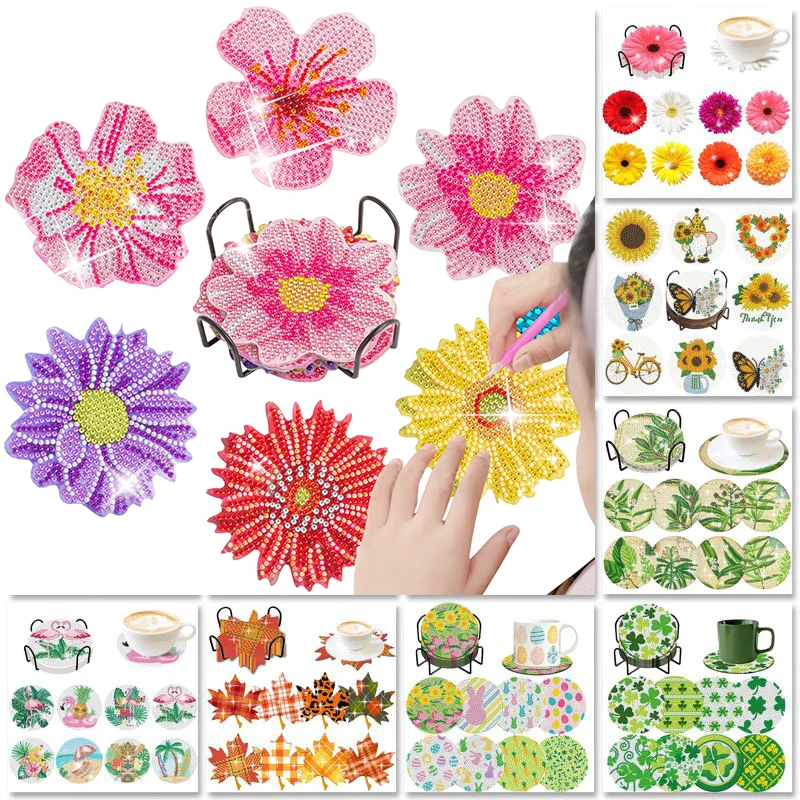 

6/8 pieces of diamond art painting coasters with brackets, DIY flower pattern series diamond art coasters, suitable for adults