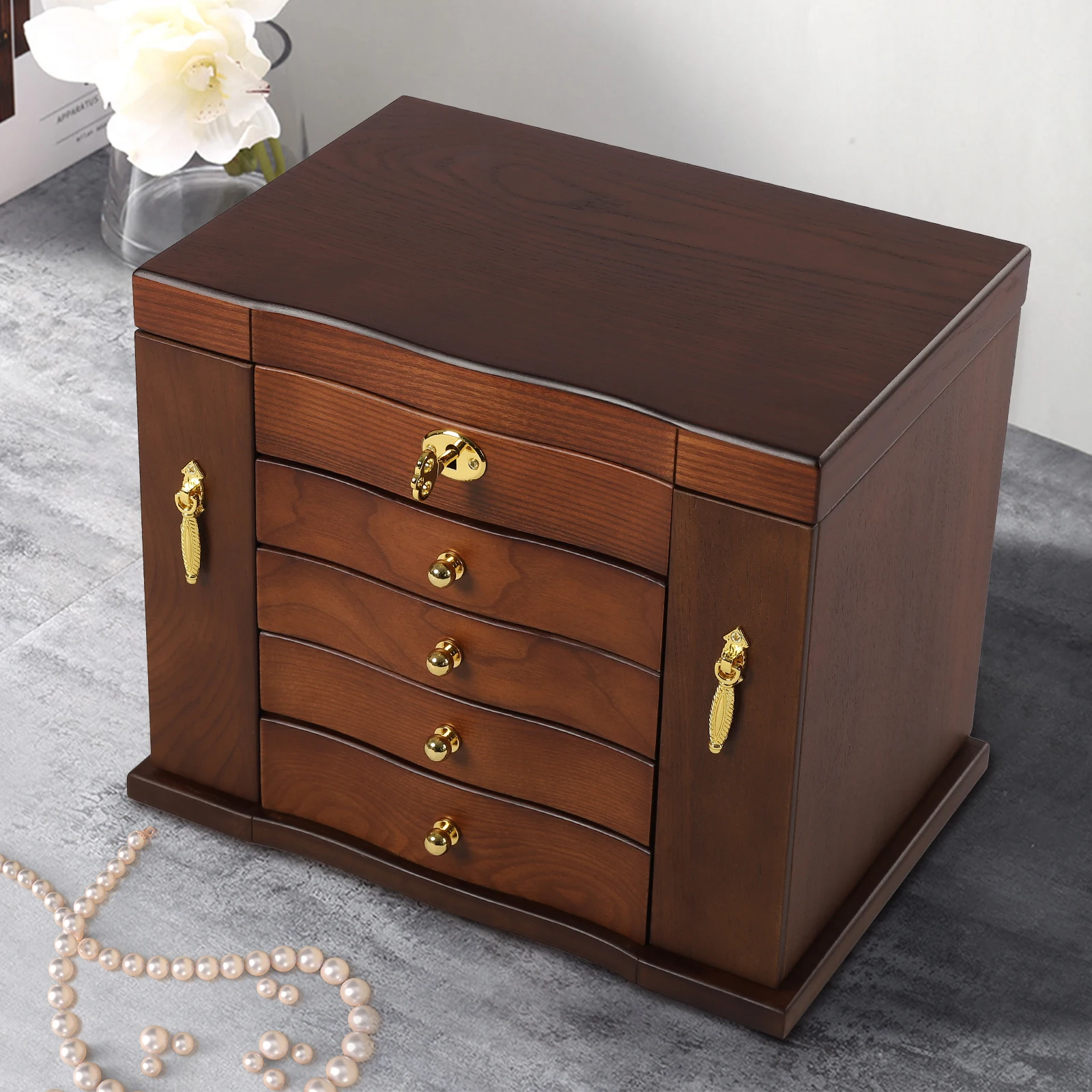 

Wooden Jewelry Box for Women, Wood Organizer with Combo Lock for Jewelries, Necklaces, Vintage Style Storage Box with Mirror