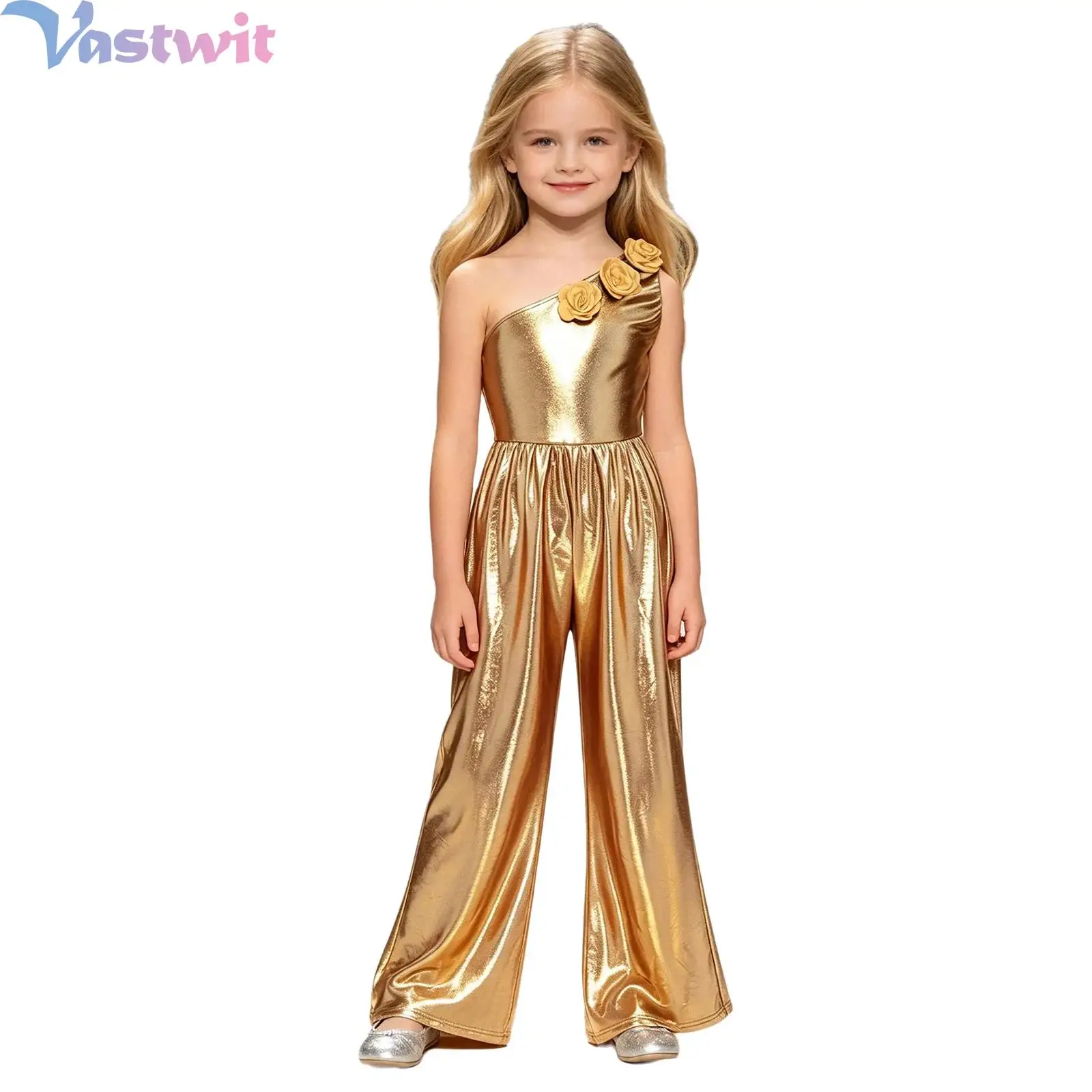 Kids Girls Metallic Shiny Shimmery Rompers One Shoulder with 3D Flower Sleeveless Wide Leg Unitard Jumpsuit for Birthday Pageant
