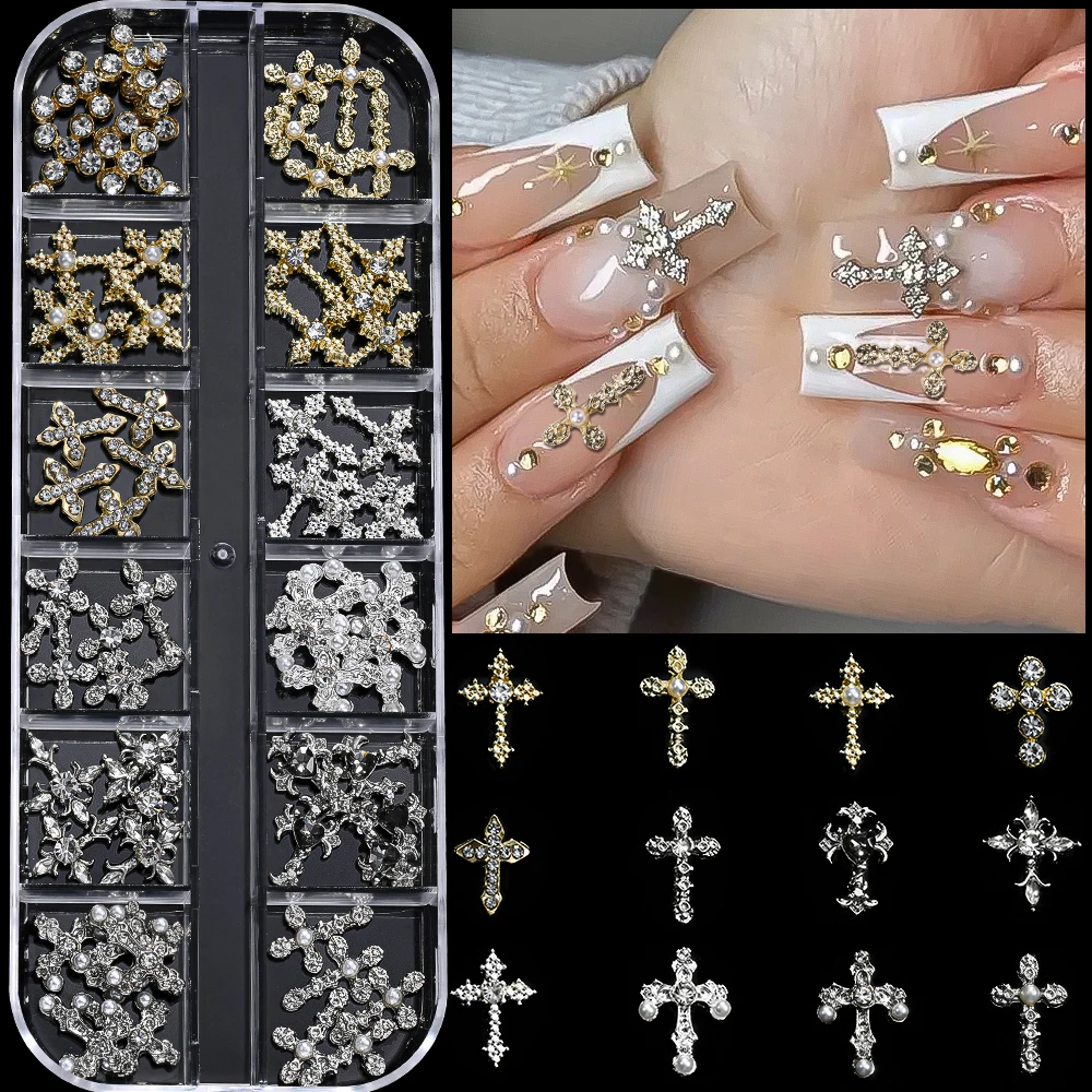 12Grids 3D Exquisite Cross Nail Art Rhinestones Y2k Metal Punk Full Glitter Diamond Cross Nail Charms Flat-Back Jewelry Nail Dec