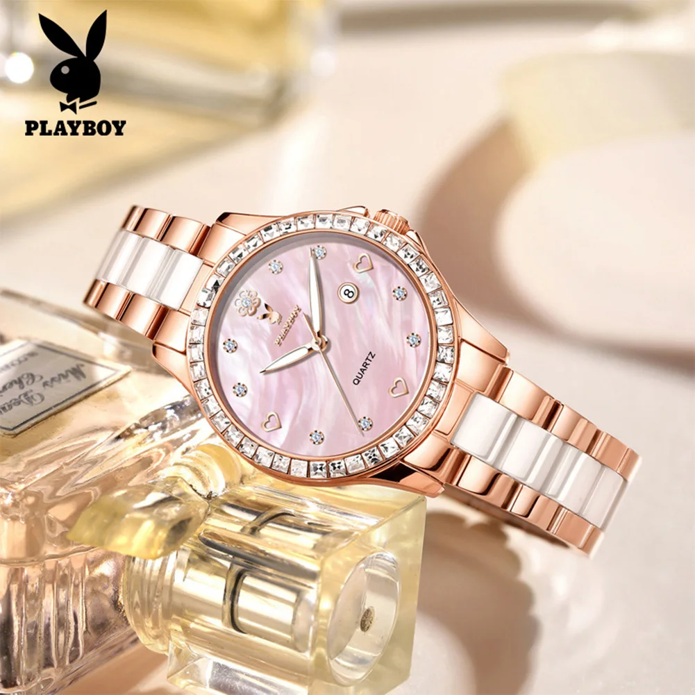 PLAYBOY 3555 Brand original authentic watch for woman Gift Box Quartz women's watch with ceramic strap between steel straps