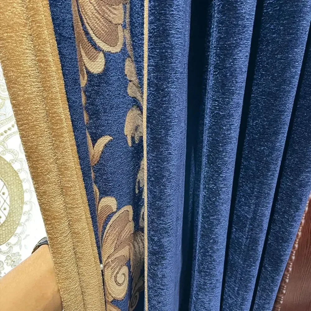 New Blue Chenille Jacquard Splice Thickened Blackout Curtains For Living Room Bedroom Villa Embroidered Yarn Customized Valance