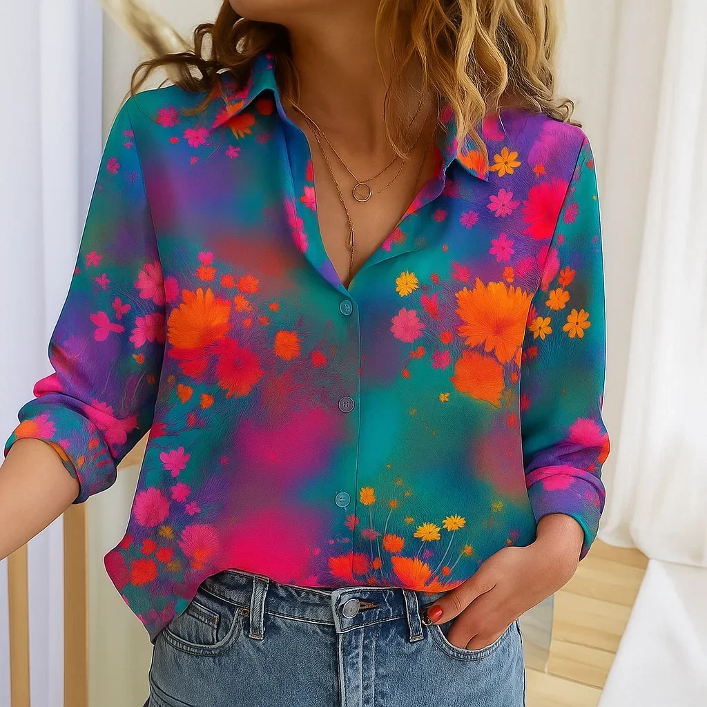 

2025 Trendy Women's Tie-Dye & Ombre Print Long Sleeve Shirt Fashion Blouse Casual Top Spring Autumn Stylish Female Tops Loose