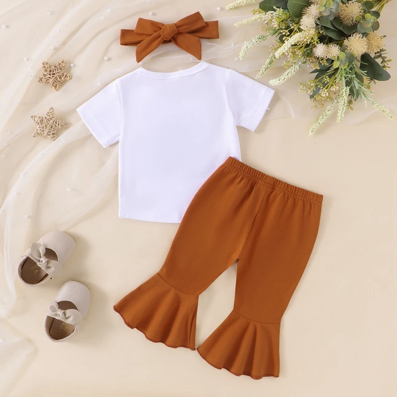 Baby Girl Summer Outfits Western Style Cow Head Print Round Neck Short Sleeve Tops Flare Pants Headband 3Pcs Clothes Set