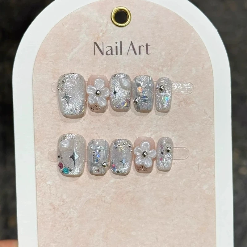 

10 шт., серебристые кошачьи глаза, ручная работа, пресс для ногтей, 3D цветок, накладные ногти, носимые наклейки, накладные ногти Uñas 네일 опытные