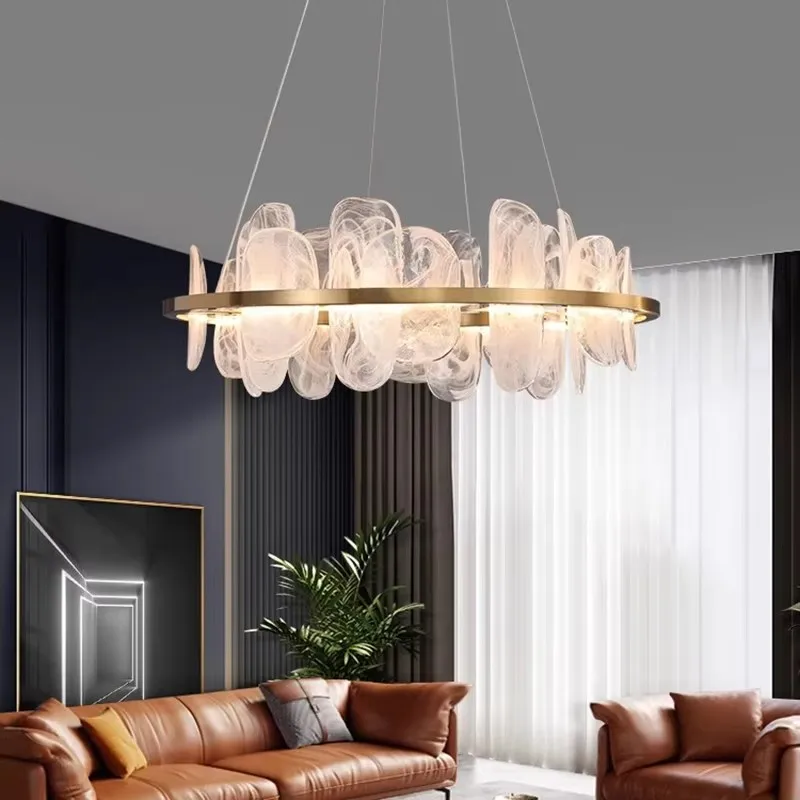 Luxury Gold Ring 40/60/80/100cm Chandelier Cloud Glass Adjustable Ceiling Pendant Light Dimmable Living Room Dining Room Fixture