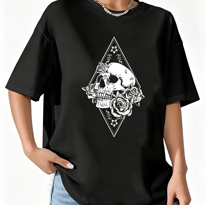 Skull Rose Women's 100% Cotton T-Shirt Fun Print Short Sleeve Top Casual Round Neck Tee S-5Xl