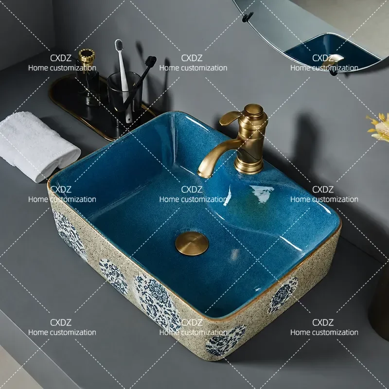 Creative Ceramic Integrated Stage Basin with Faucet Art Retro Wash Basin Single Household Bathroom Sink