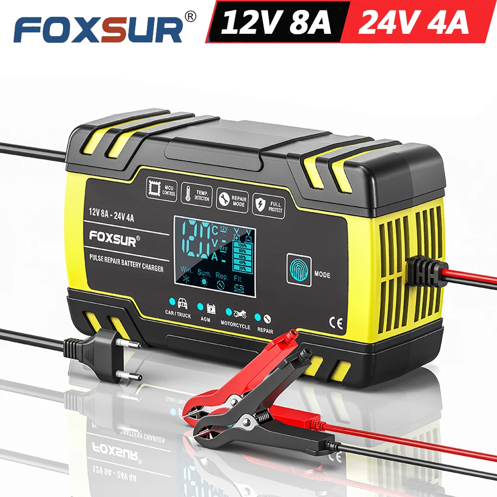 

FOXSUR 12V 24V FBC122408D Pulse Repair Charger with LCD Display Battery Charger AGM Deep Cycle GEL Lead-Acid Charger