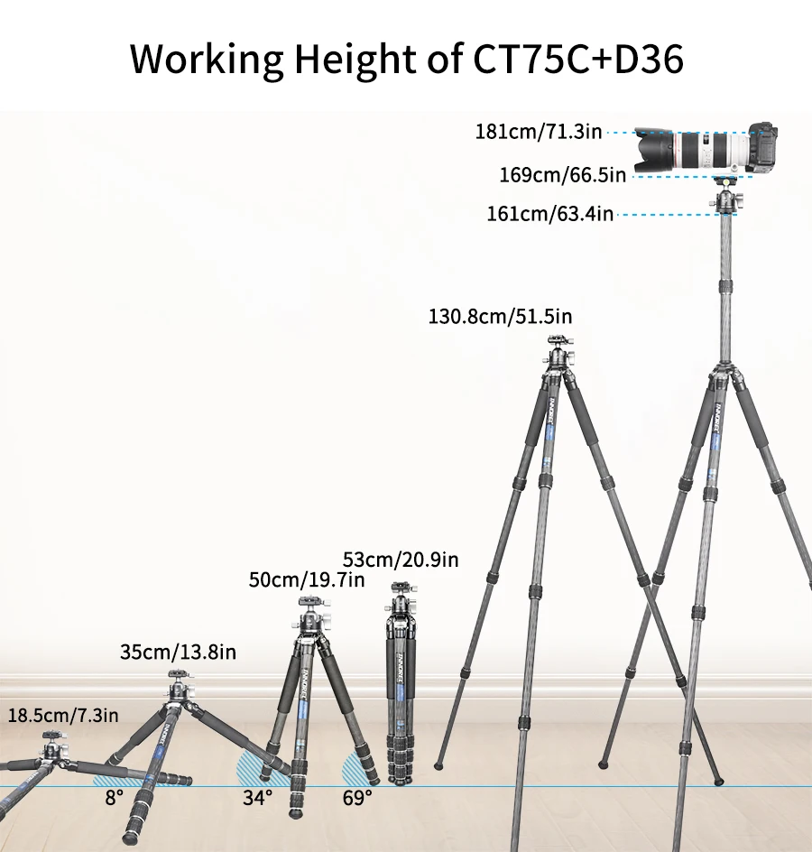 INNOREL CT75C/85C Kohlefaser-Stativ für DSLR-Kamera, robuster Ständer, Kugelkopf mit geringer Schwerkraft und verstellbarer Mittelsäule – Detail 10