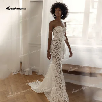 Koronka w stylu vintage syrenka formalna suknia ślubna seksowna bez ramiączek bez rękawów dostosowana modna suknia panny młodej Vestido De Noiva dla panny młodej