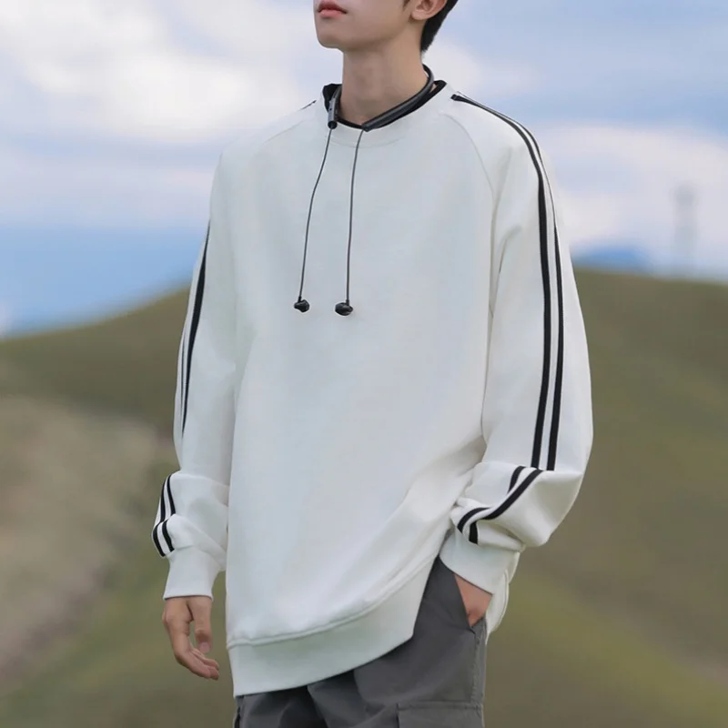 

Autumn Winter American Fake Two Piece Sweatshirt Men Splicing Stripe Loose Couple Tops Soft