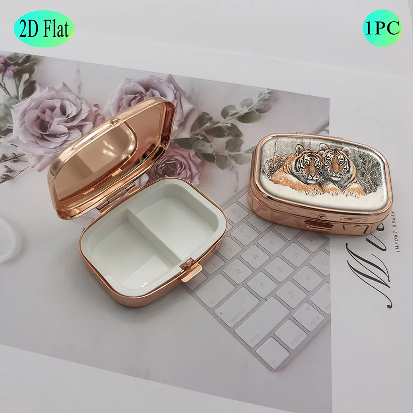 Snow Tiger Pill Box, 2-Compartment Pill Organizer with Rose Gold Lid, Portable Pill Box, Handbag Medicine Storage Box, Suitable for Handbags, Office, Business Travel, Elegant Gift Choice