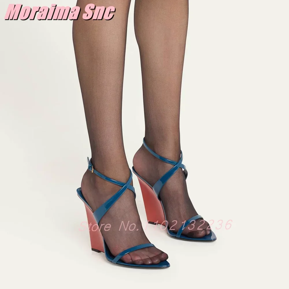 Mixed Colors Wedges Sandals Patent Leather Cross Strap Round Open Toe Ankle Buckle Sey Fashion Women's Dress Shoes Summer 2025 view 3