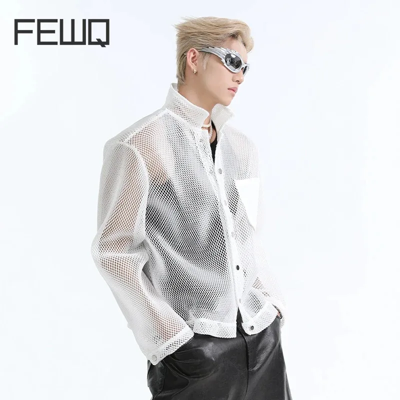 FEWQ Niche Hollow Hollow Out Design Casual Long Sleeved Shirt Cool Stylish High Street Mesh 2024 Solid Color Male Tops