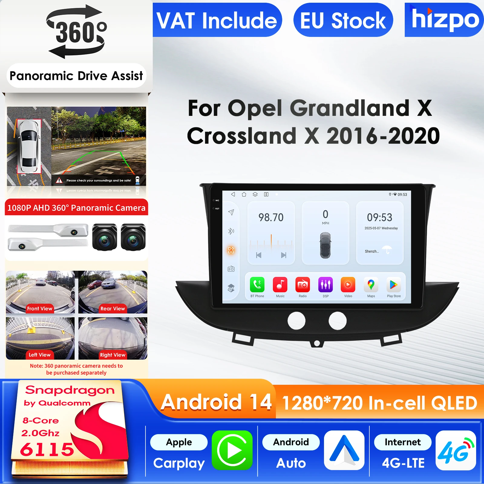Hizpo 9'' Android14 Auto-Multimedia-Player Für Opel Grandland X 2016 - 2020 Crossland X 4G AI Intelligente Bildschirm Autoradio 360Cam