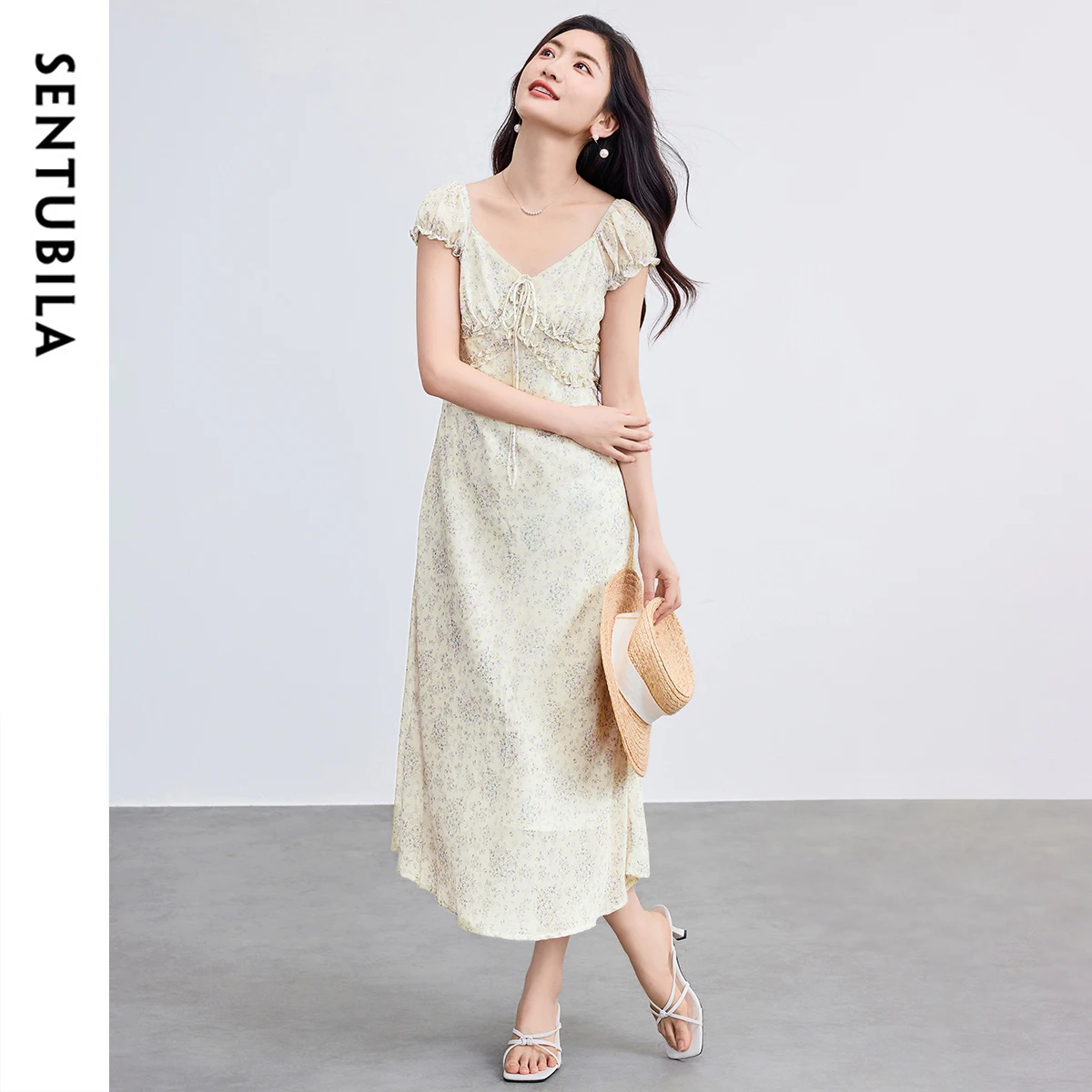 

SENTUBILA Women's Summer Print Chiffon Dress 2025 2-in-1 Versatile Wear Bubble Sleeve Midi Dresses Woman Clothing W52LF8796
