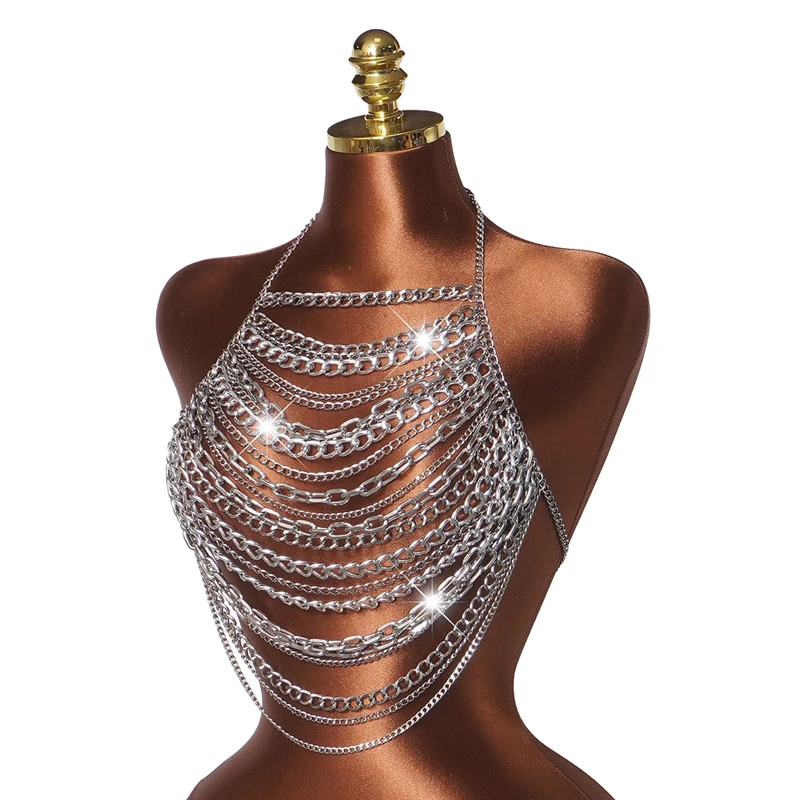 Hochwertiges Damen Y2K Mehrschichtiges Metall-Halfter-Bodychain-Crop-Top in Silber, Sexy für Halloween, Festival, Nachtclub, Party Ropa+Mujer – Detail 5