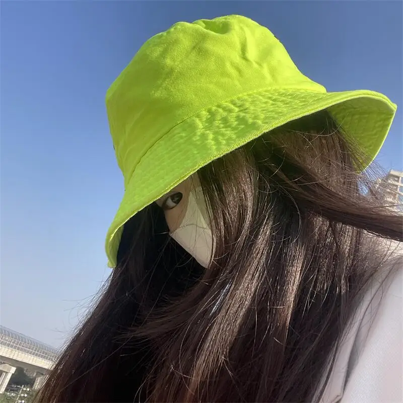 Fluorescent Bucket Hat Women Summer Hat Men Green Sunscreen Shade Street Wash Basin  Panama Hat Men\'s Caps