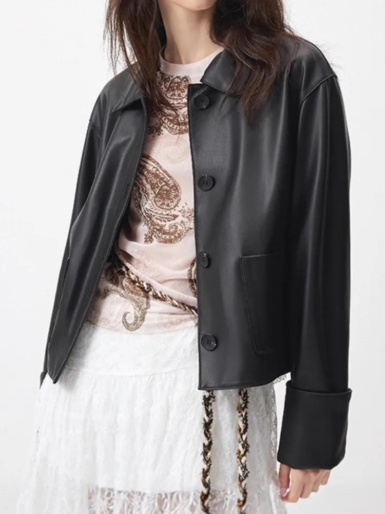 Giacca da donna in vera pelle con risvolto tinta unita stile retrò Capispalla in pelle di pecora a maniche lunghe con tasca monopetto allentata