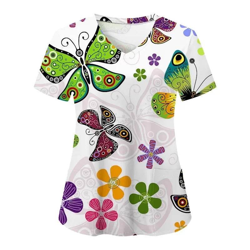 Women's simple floral short-sleeve shirtVMedical staff uniforms Fashionable printed clinical nurse uniform surgical gownTShirt