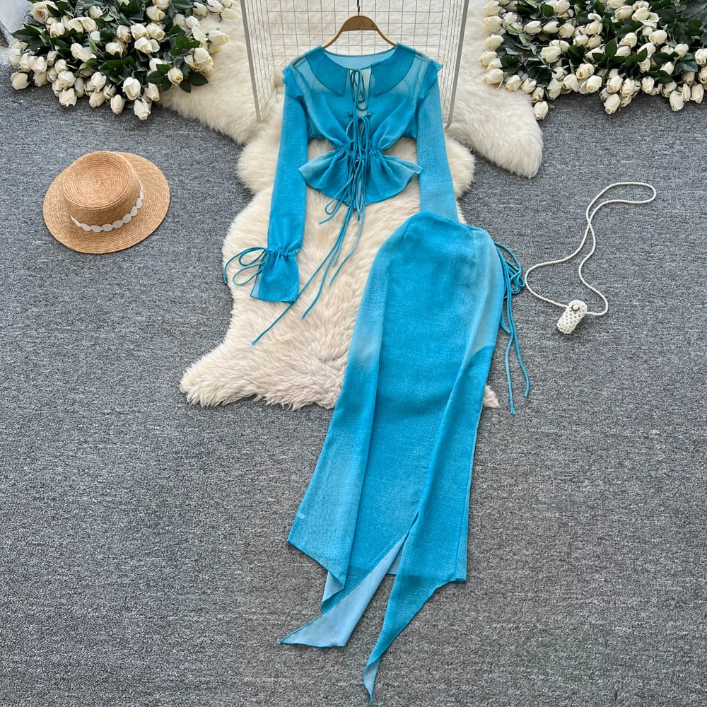 

Chic vintage long sleeve Draw String pleated Elegant Fairy korean fashion dress women clothing Long dress Two Piece Set