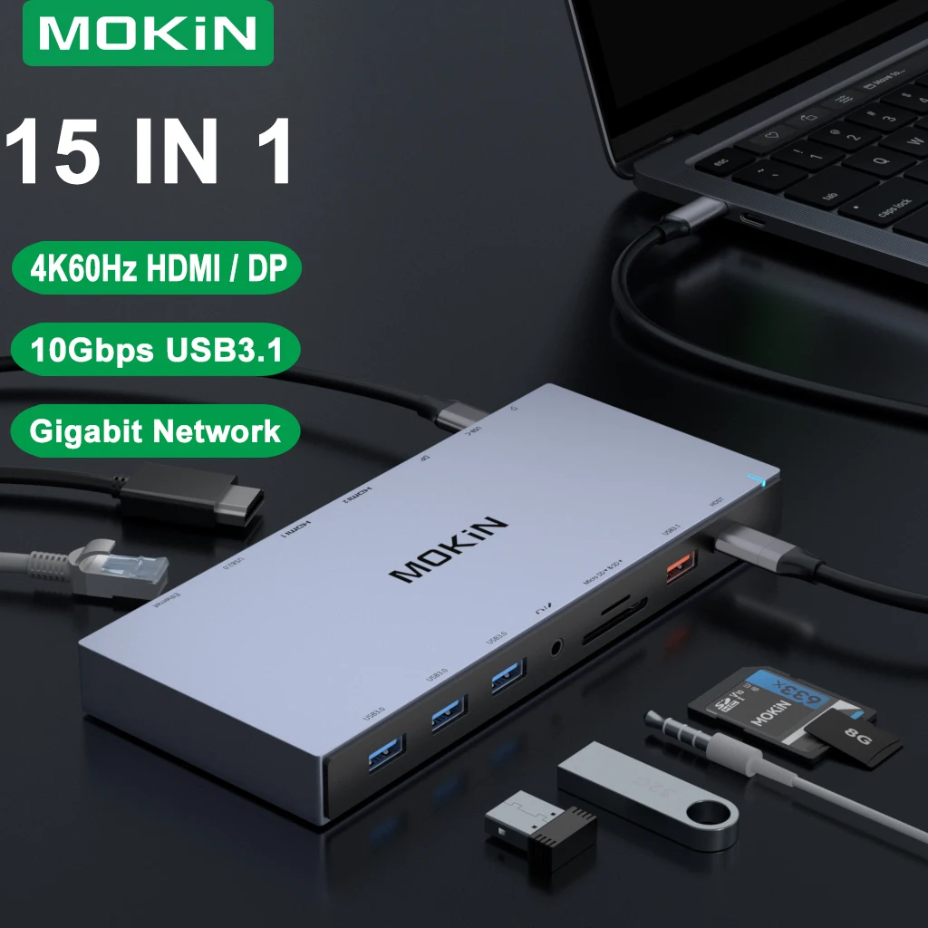 MOKiN Laptop Docking Stations, USB C Dock, Display Adaptor with 4K HDMI, DP, RJ45, SD/TF, 5 USB,Audio, PD 100W, for MacBook iPad