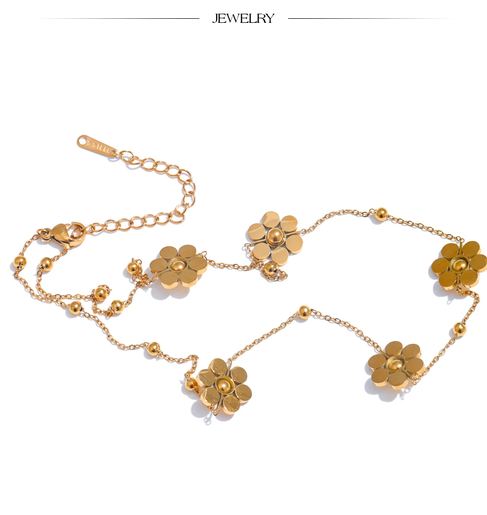 Yhpup Edelstahl-Blumenkette, modische Halskette, PVD-beschichtet, golden, wasserfest, poliert, hochwertiger Schmuck für Frauen – Detail 7