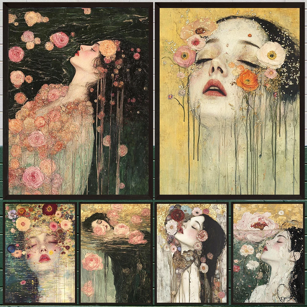 Abstract Lady Portrait Poster Immersed In ​​Flowers Vintage Wall Art Canvas Painting Austria illustration Art Print Home Decor