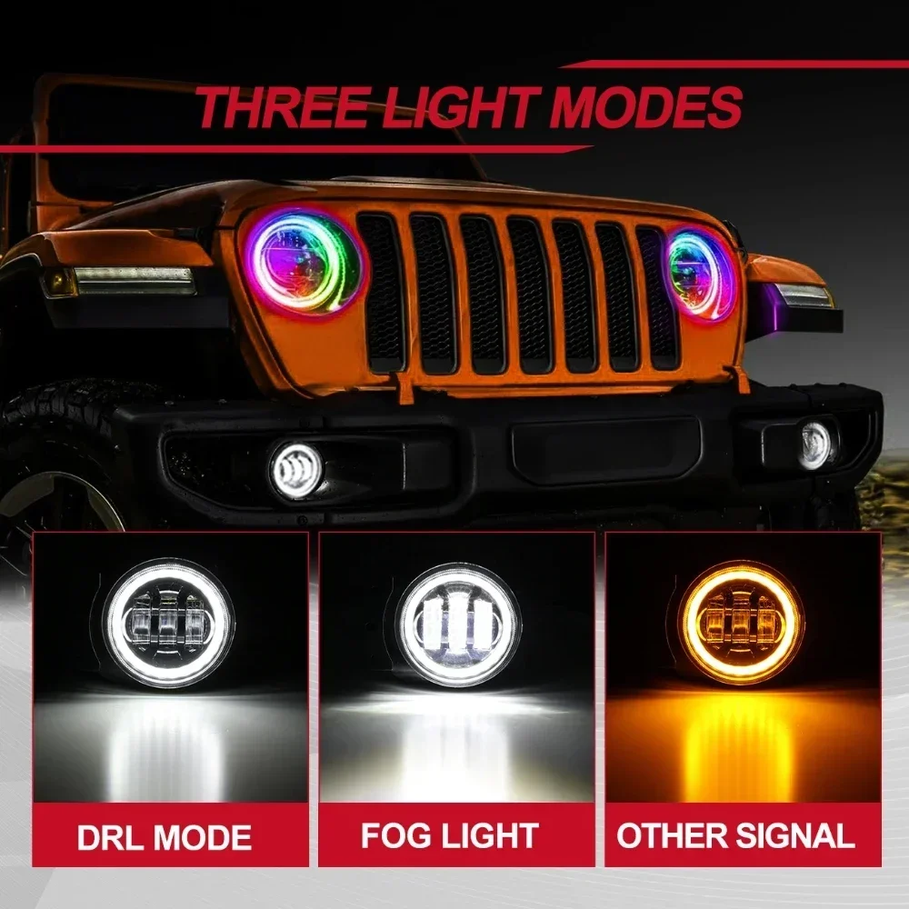 60W LED Front Fog Lights DRL with Wire Harness & Mounting Bracket With Halo Ring Angel Eyes for Jeep Wrangler JL 2018-2022