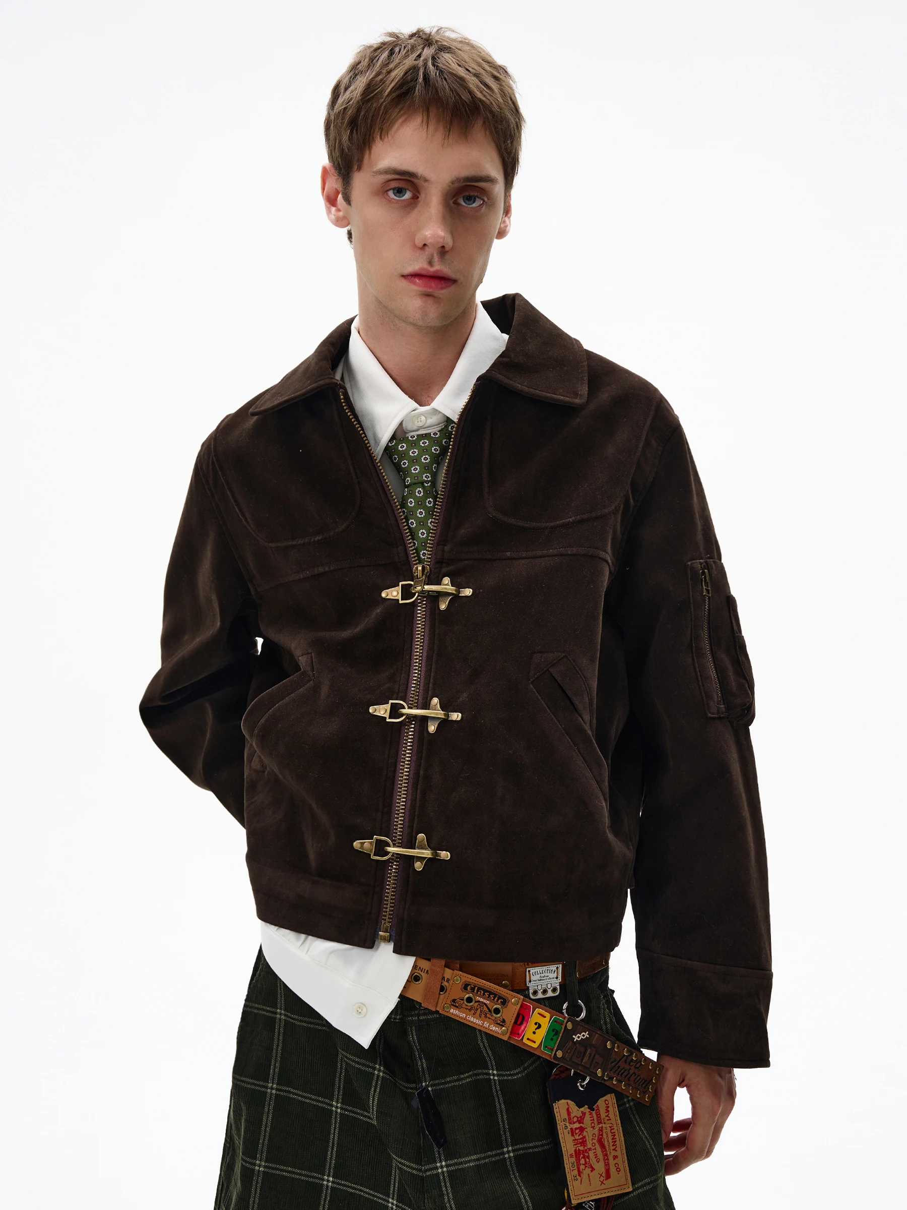 

MADWITCH Vintage Suede Jaet ort Men's Patchwork Aircrt Bule Jaet Youth Casual Autumn Winter Faion Zipper Closure