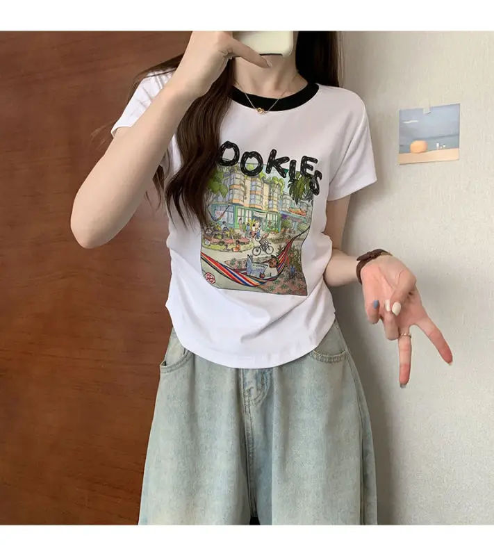 Women Summer Korean Simplicity Loose Printing Letter Letter Pink Cotton O-neck Soft Short Sleeve Women Clothes Tee Shirt Top Tee