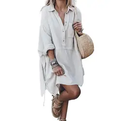 Women's Loose Fitting Cotton Linen V-neck Linen Mid Length Shirt Dress Casual Elegant Long Dresses For Women 2024