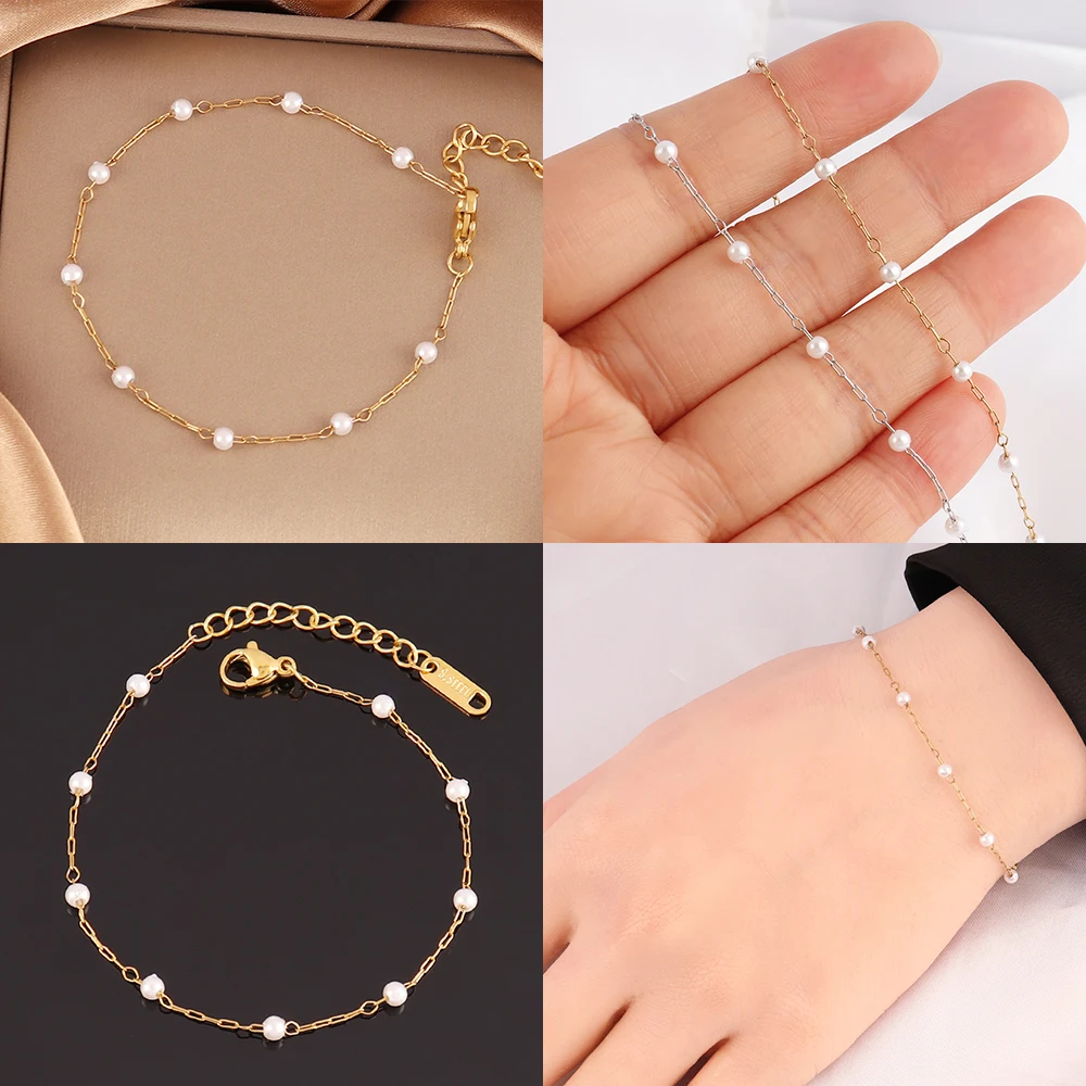 316L Stainless Steel White Pearl Bracelet For Women Fashion  Simple Pearl Beads Chain Bracelets Jewelry Gift